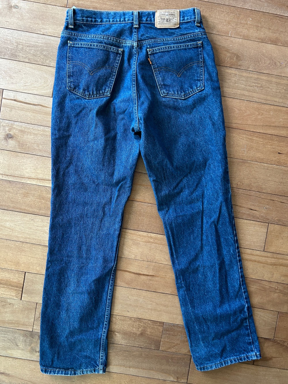 Vintage Orange tab Levi's Men's Blue Denim Jeans with Tan Leather Patch